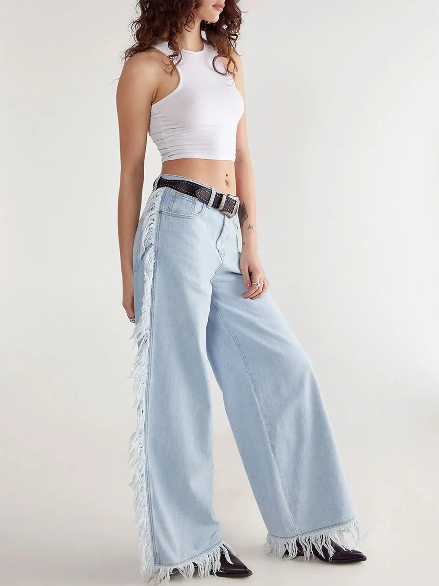 Women's Vintage-Style Fringe-Trim Wide-Leg Denim Pants