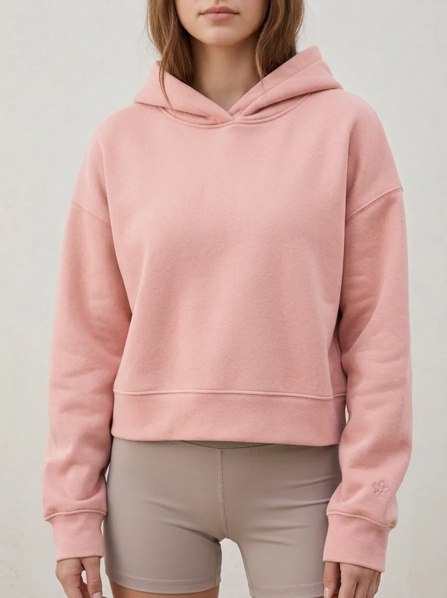 Women's Minimalist Solid Pink Embroidered Flower Hoodie