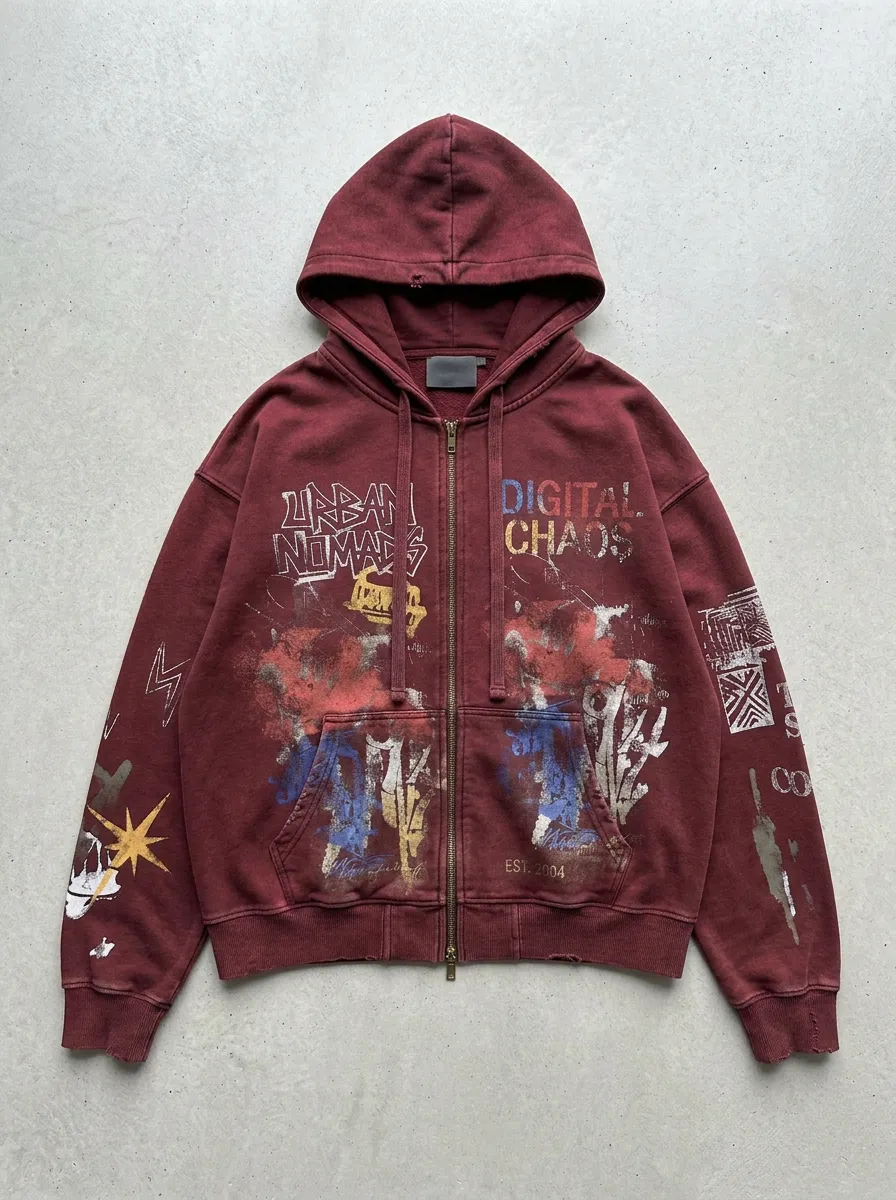 Unisex Streetwear Urban Nomads Digital Chaos Graphic Printed Zip-up Hoodie