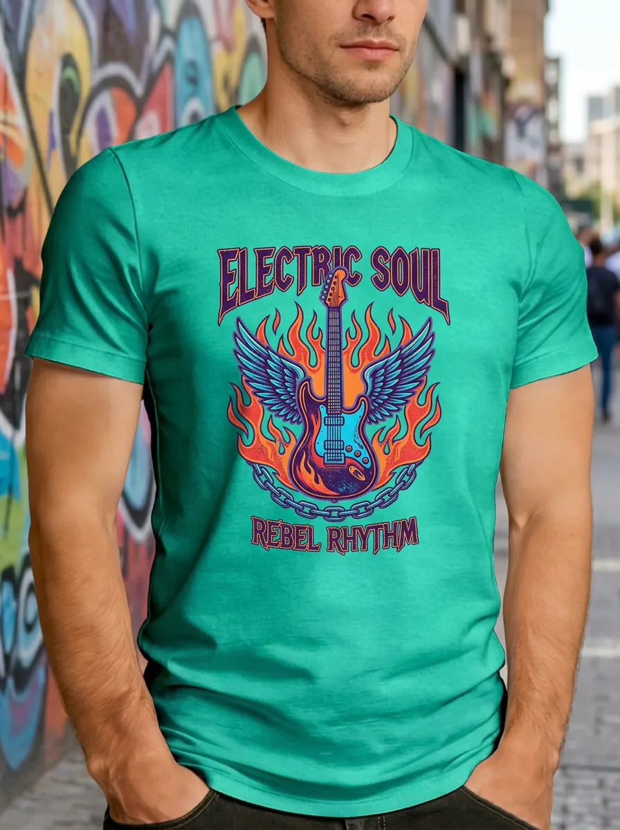 Men's Rock Music Lover Electric Guitar Wings Fire Printed T-shirt