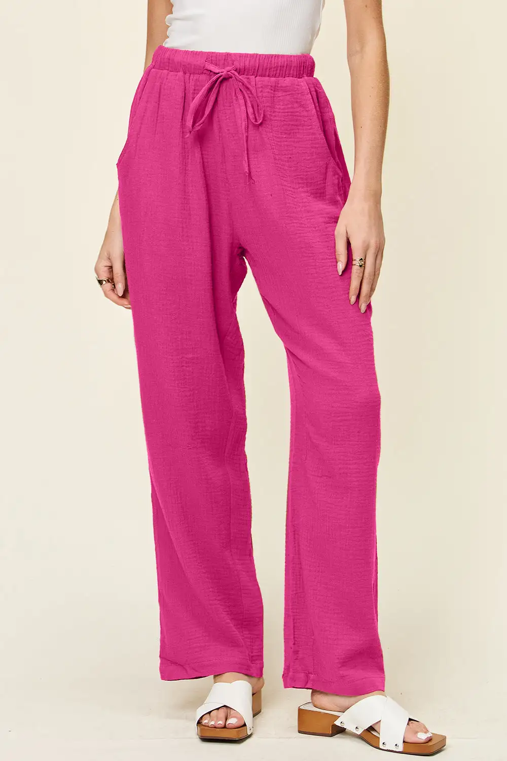 Daily Full Size Texture Drawstring Straight Pants
