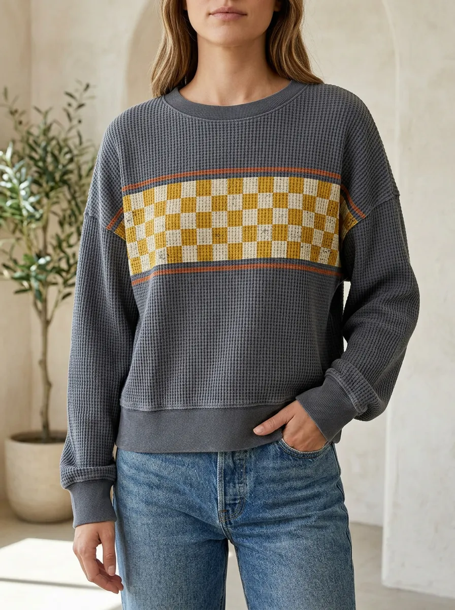 Women's Retro Checkerboard Pattern Printed Waffle Knit Crewneck Sweatshirt