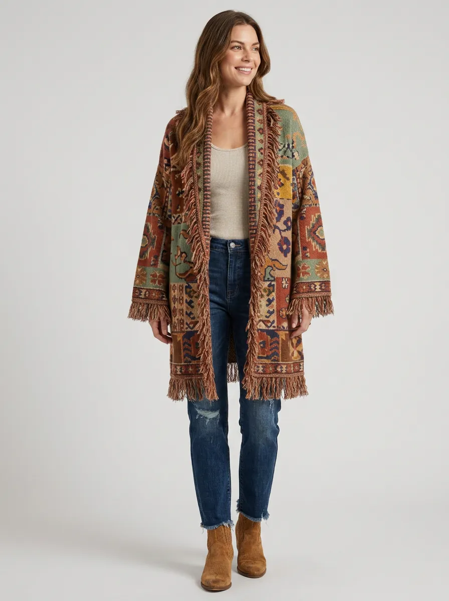 Women's Boho Vintage Pattern Fringed Printed Cardigan