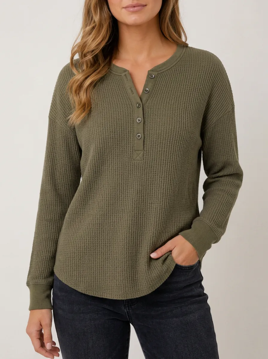 Textured Casual Waffle Knit Button Henley Long Sleeve Top