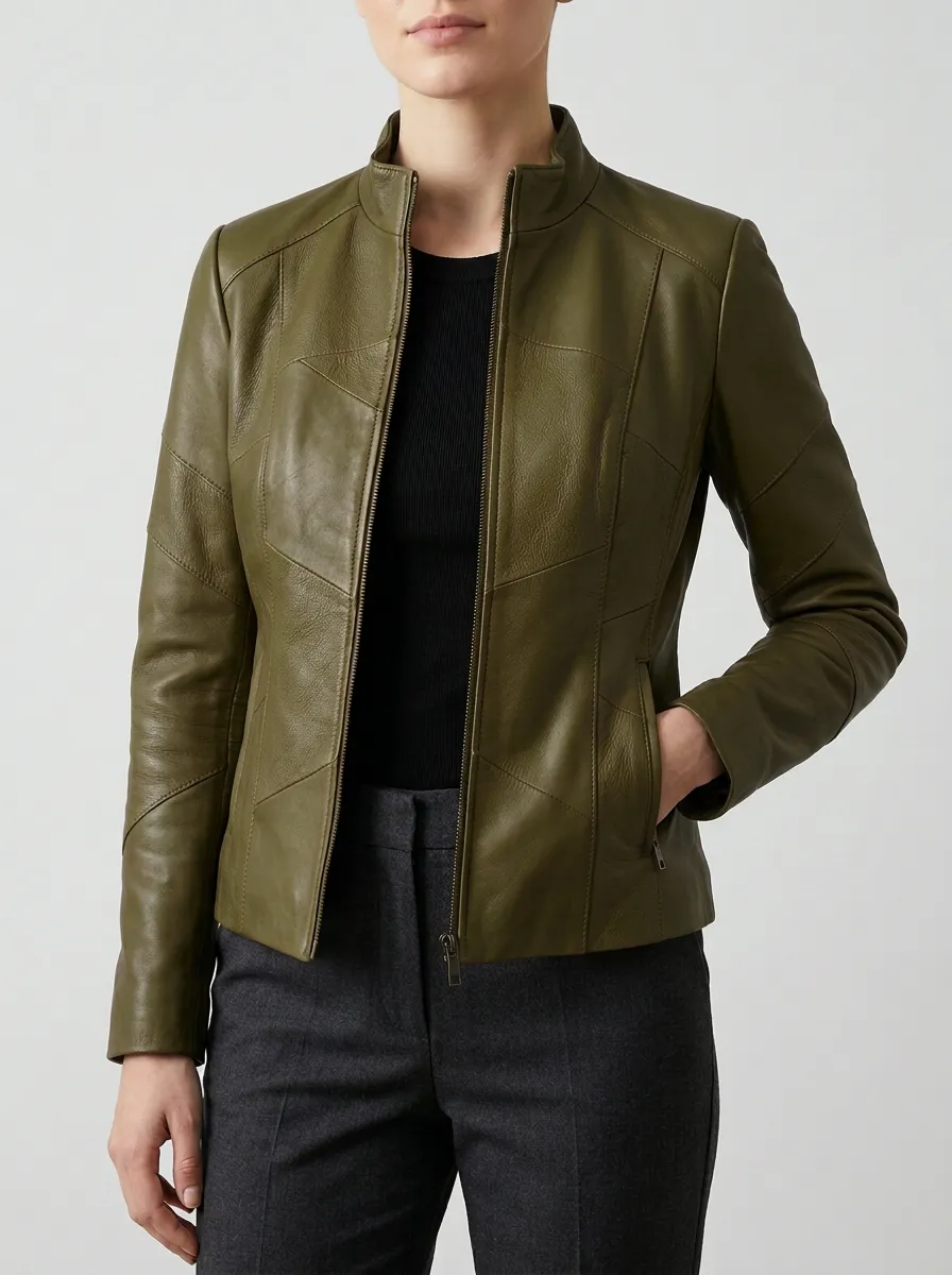 Leather-Look Stand Collar Zip-Up Jacket