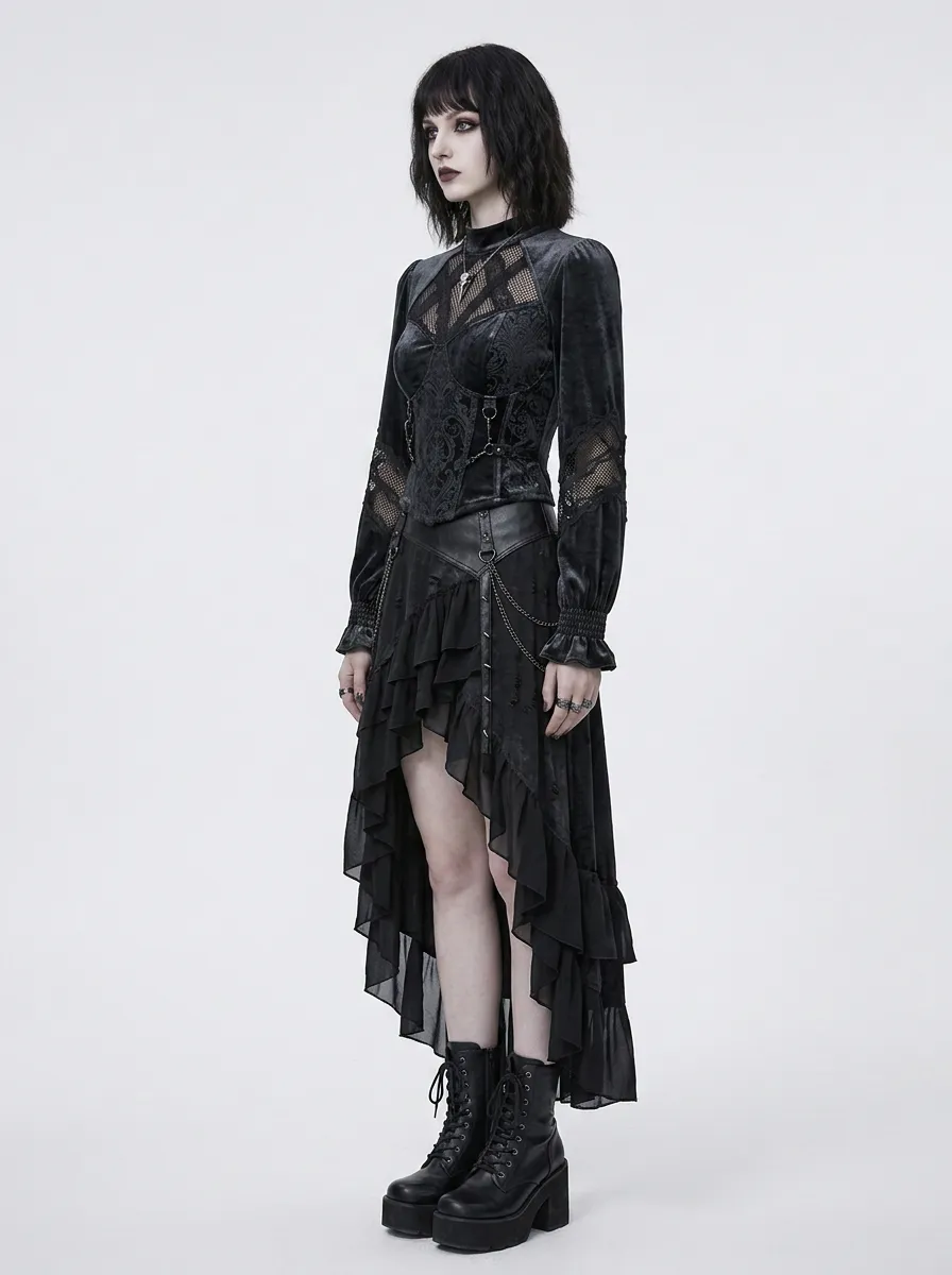 Women's Gothic Victorian Velvet Lace Mesh Long Sleeve Top