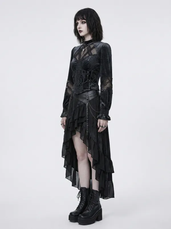 Women's Gothic Victorian Velvet Lace Mesh Long Sleeve Top