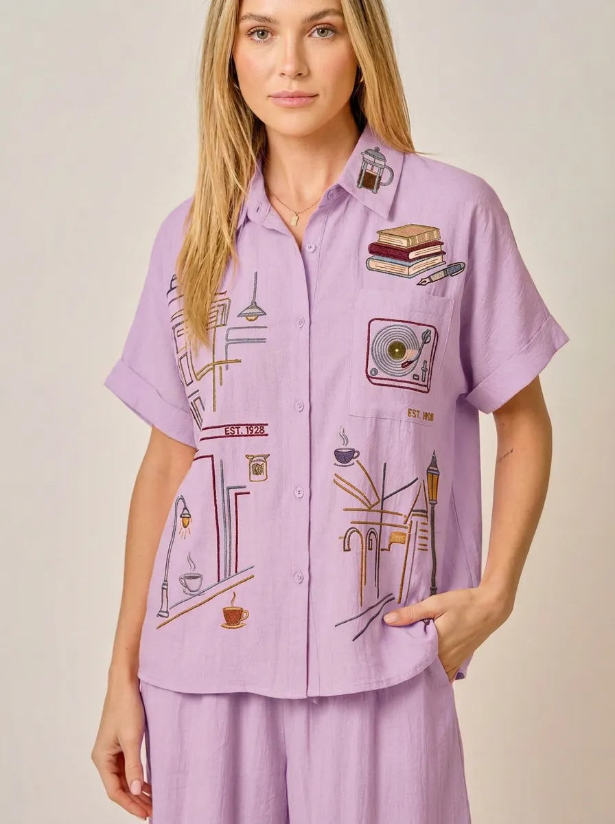 Women's Book Coffee Record Player Embroidered Button-down Shirt Tank Top