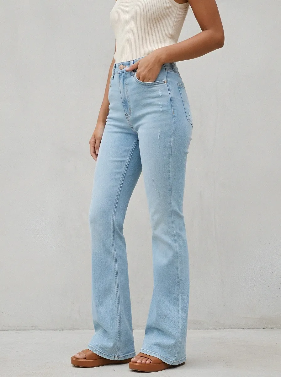 Stretch Vintage-Wash Distressed Women's High-Waist Stretch Flare Jeans