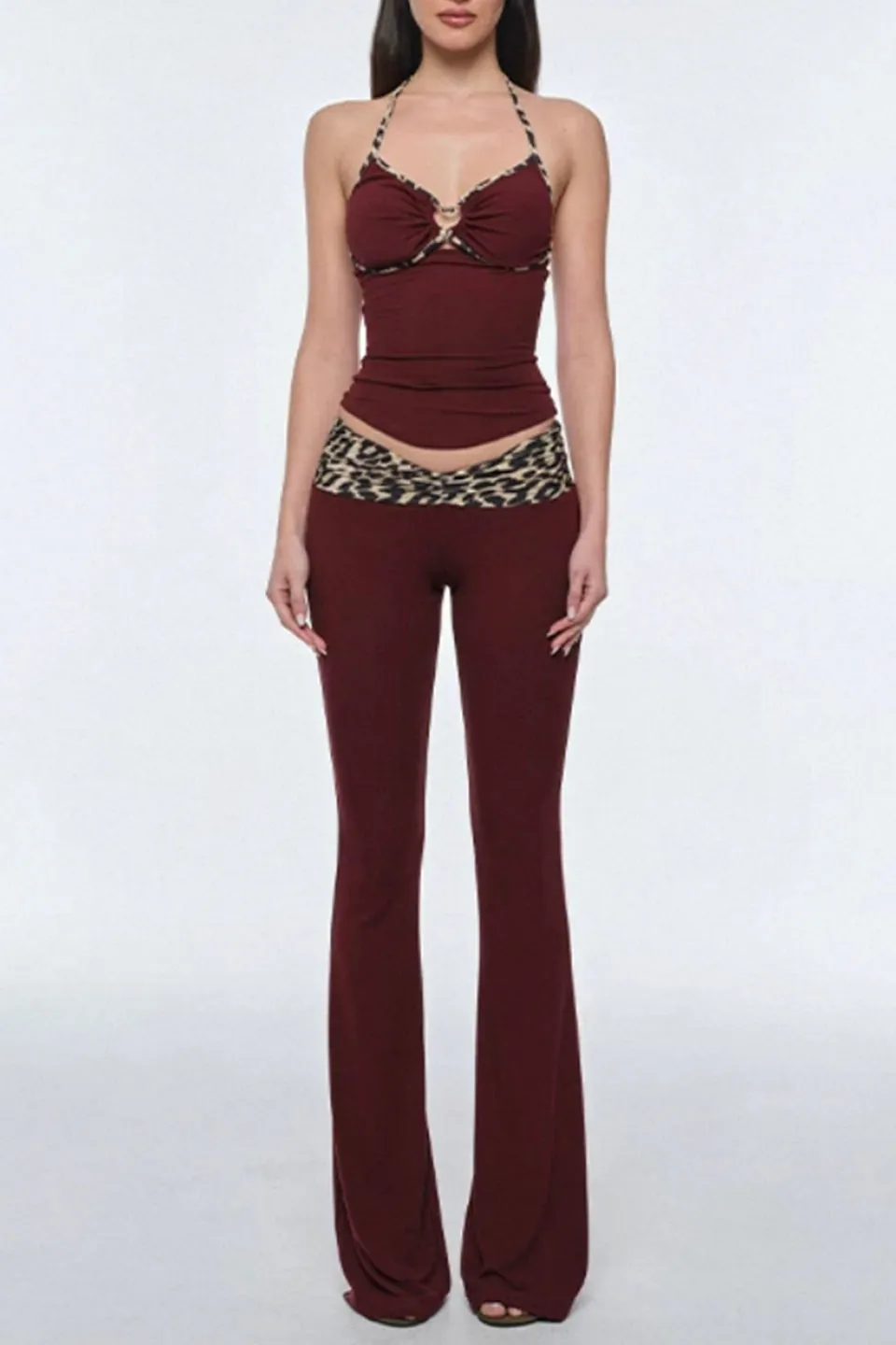 Flared Leopard Contrast-Detail Pants