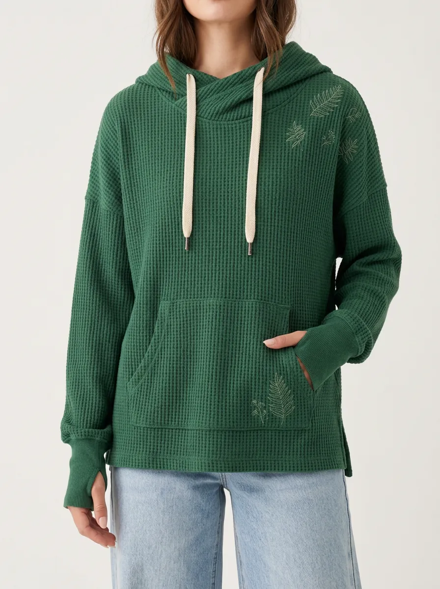 Relaxed Everyday Nature Lover Fern Leaf Printed Waffle Knit Hoodie