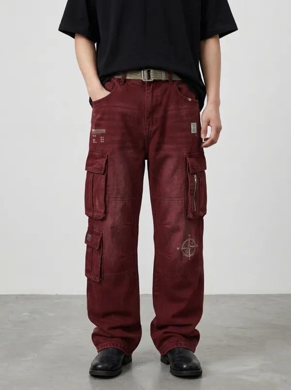 Men's Vintage Compass Graphic Distressed Denim Cargo Jeans