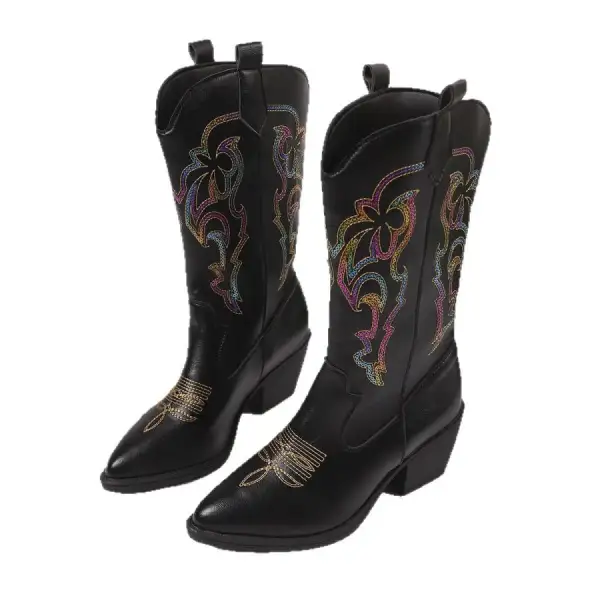Refined Embroidered Point Toe Block Heels Boots