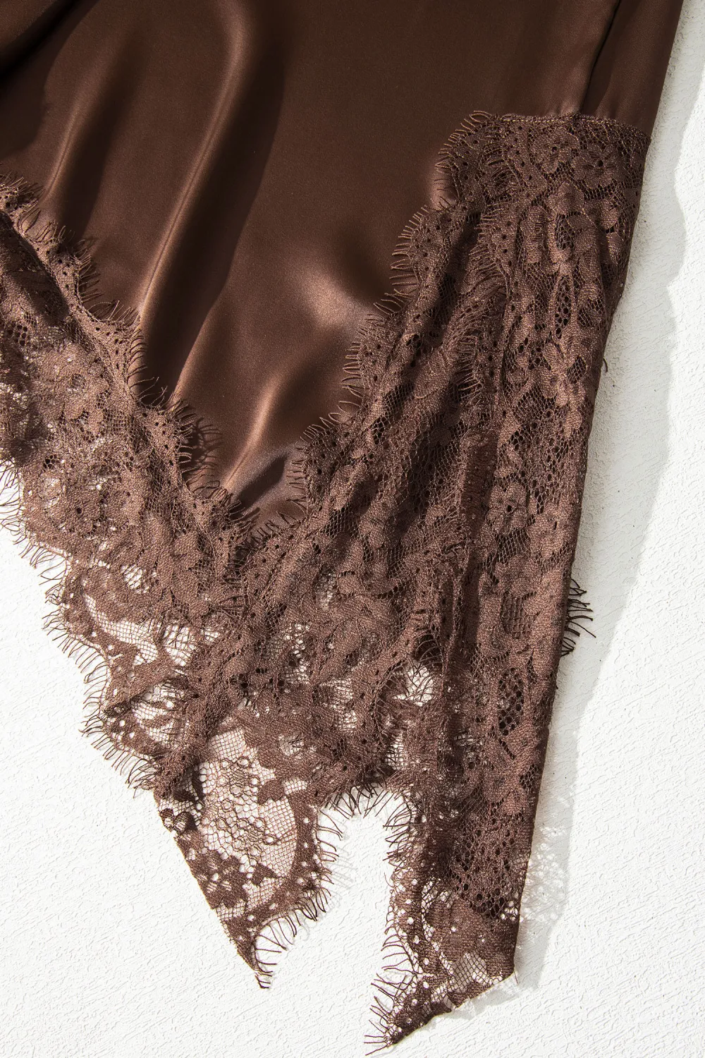 Coffee Asymmetric Lace Trim Short Sleeve Top