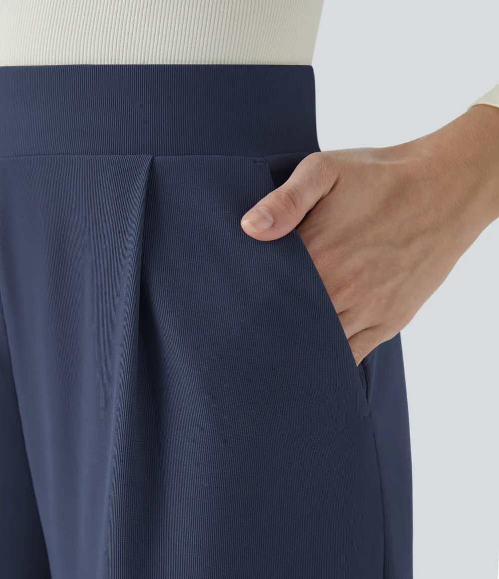  High Waisted Body Sculpt Waist-Slimming Side Pocket Wide Leg Micro Waffle Work Pants