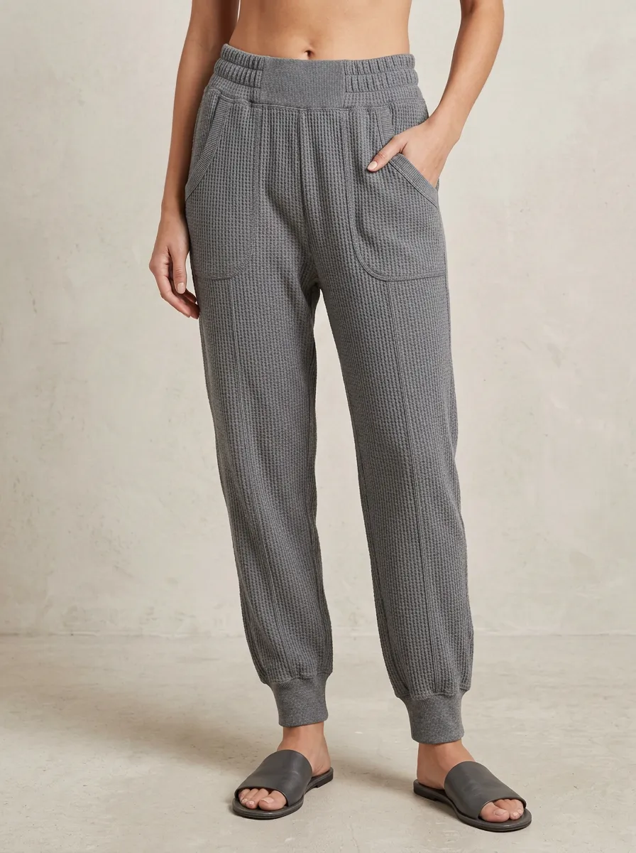 Women's Casual Waffle Knit Grey Elastic Waist Jogger Pants