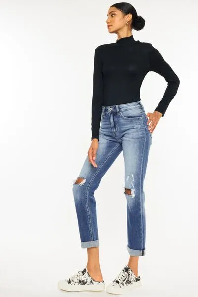 High Waist Distressed Hem Detail Cropped Denim Jeans
