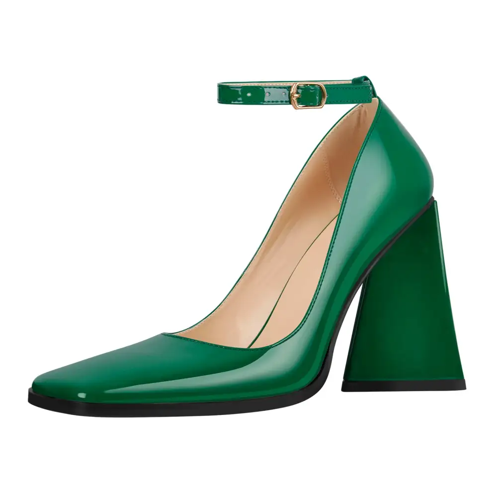 Patent Finish Square Toe Chunky Heel Ankle Strap Pumps