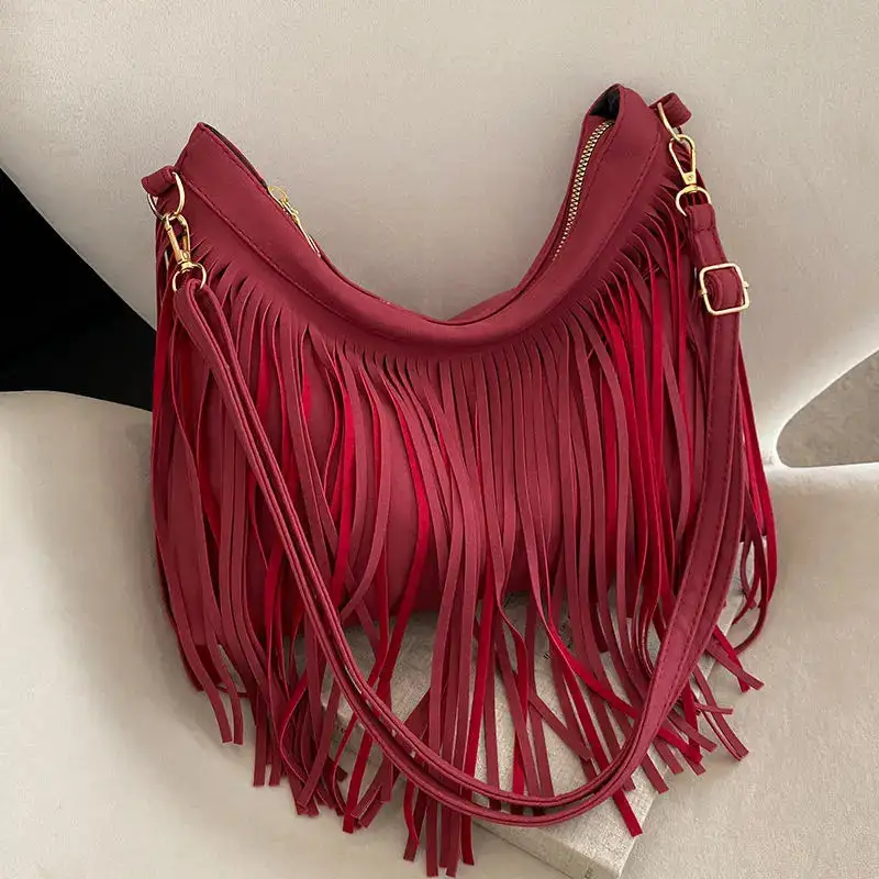 Elegant Detail: Tassel Red Leather Mini Crossbody Bag