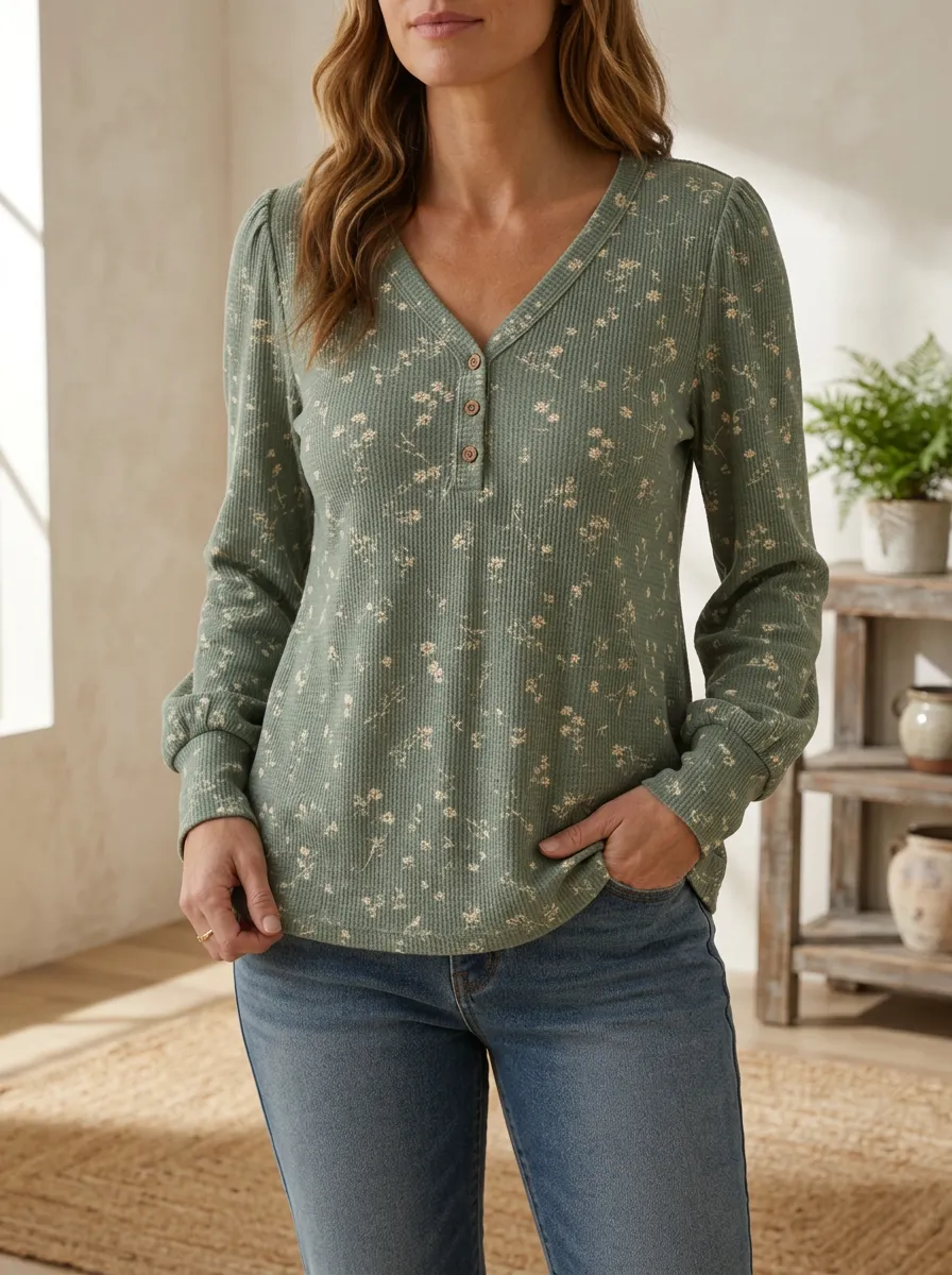 Women's Garden Floral Pattern Waffle Knit Printed Top Button V-Neck T-Shirt