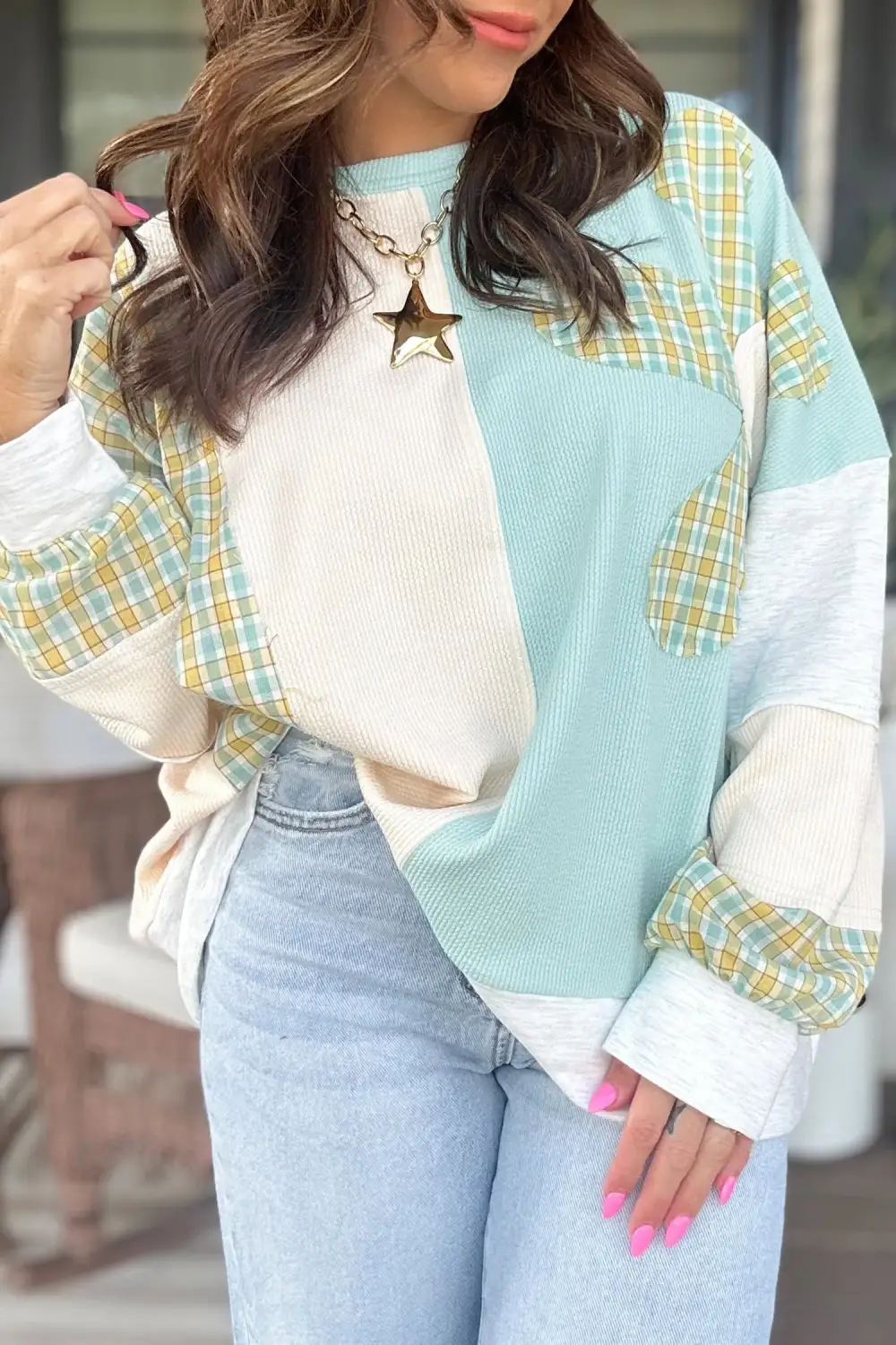 Plaid Round Neck Embroidery Relaxed Viscose Blend Long Sleeve Top