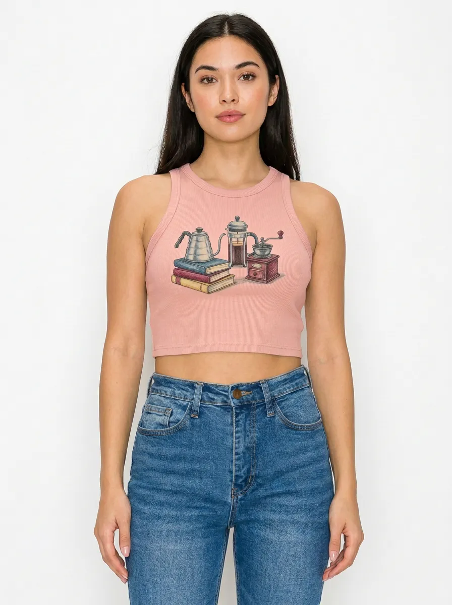 Women's Coffee Books French Press Graphic Ribbed Crop Tank Top