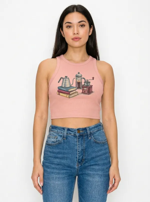 Women's Coffee Books French Press Graphic Ribbed Crop Tank Top