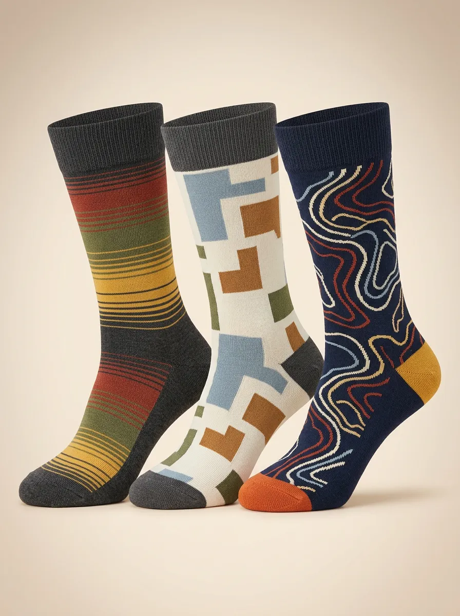 Men's Topographic Lines Stripes Three-Pair Crew Socks