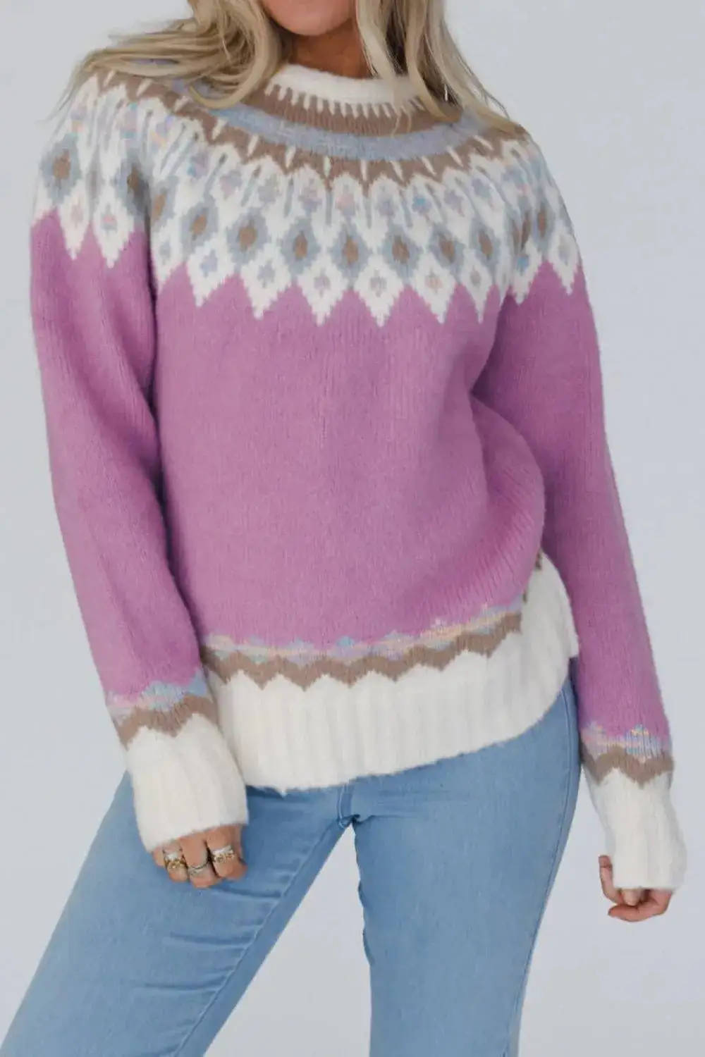 Long Sleeve Round Neck Geometric Sweater