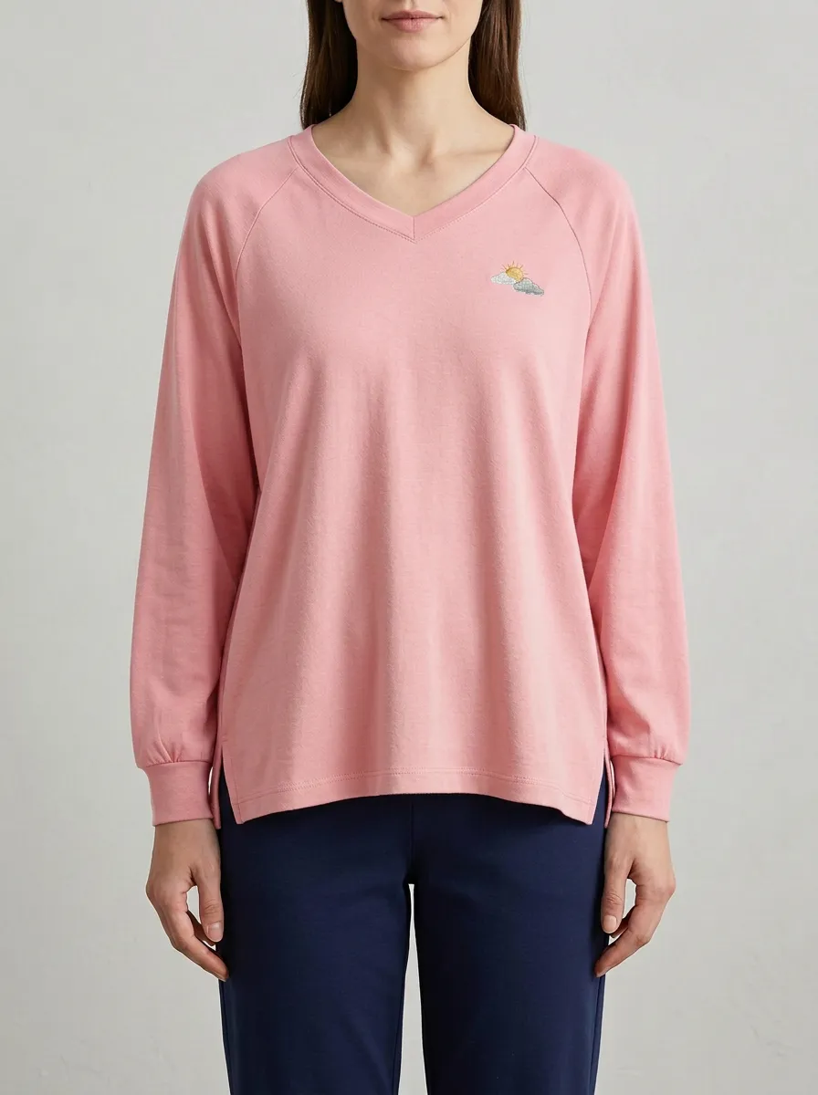 Women's Sun-Cloud Embroidered V-Neck Long-Sleeve Top