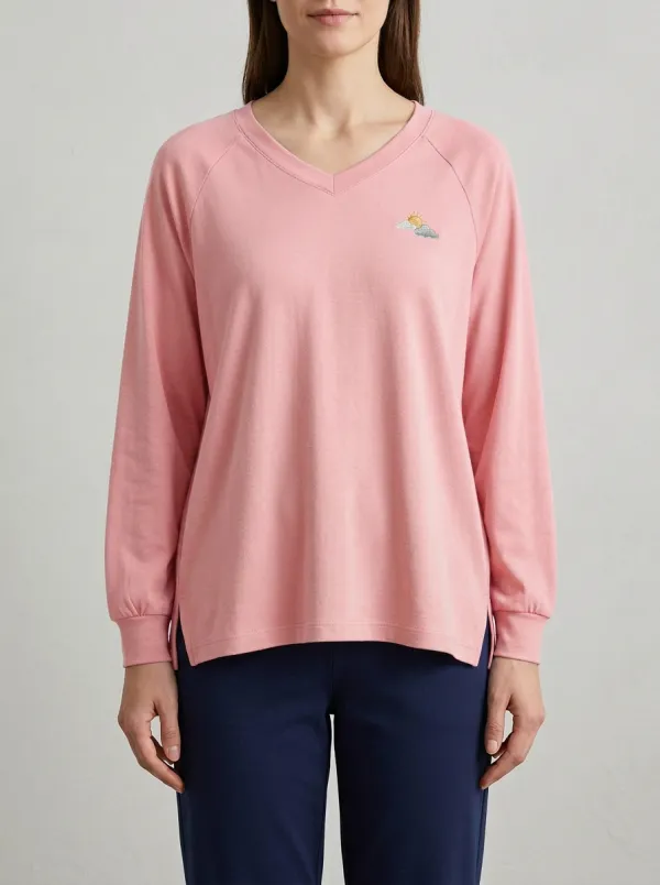 Women's Sun-Cloud Embroidered V-Neck Long-Sleeve Top