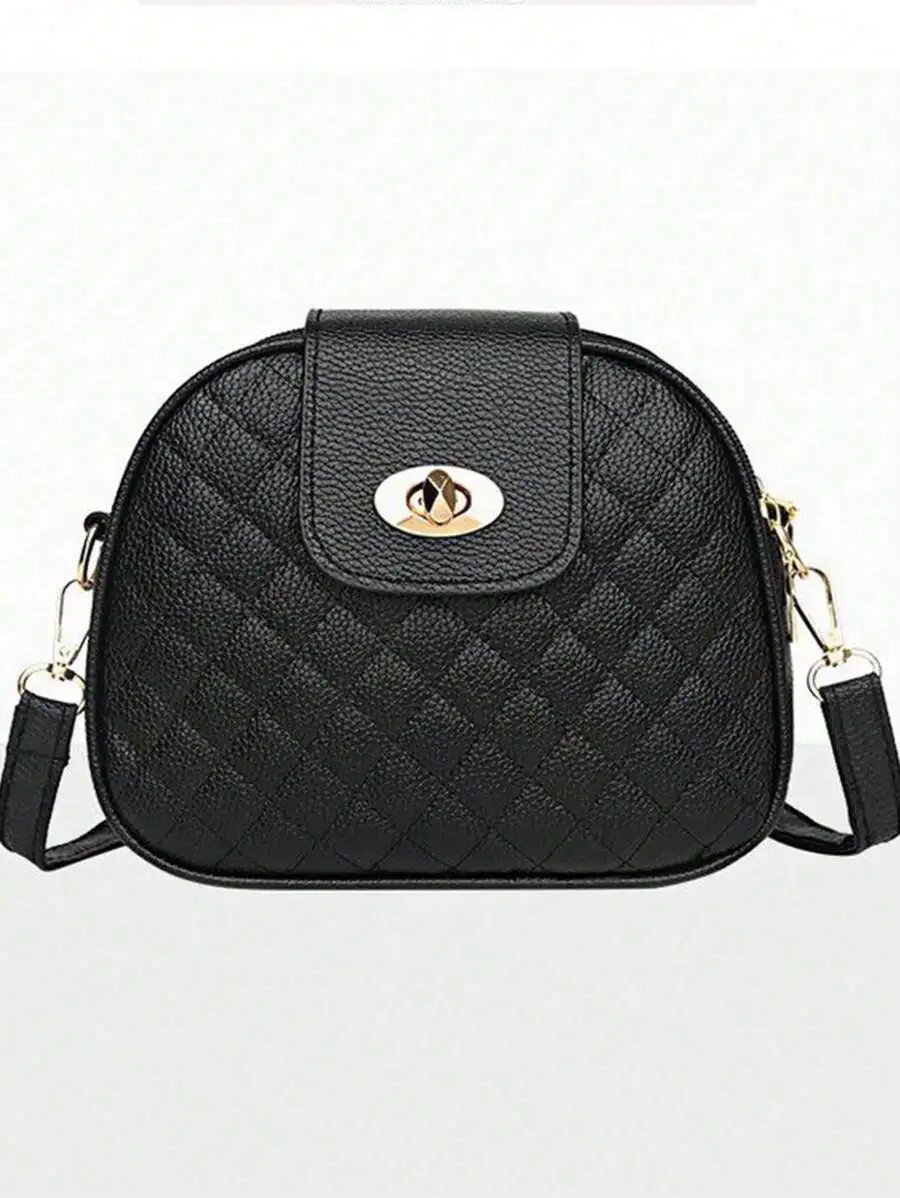 Mini Circle PU Handbag – Beaded Pearl & Geometric Plaid Design