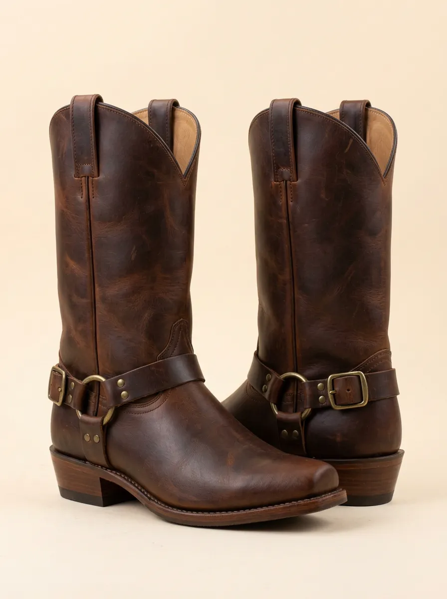 Men's Classic Western Brown Leather Harness Printed Boots