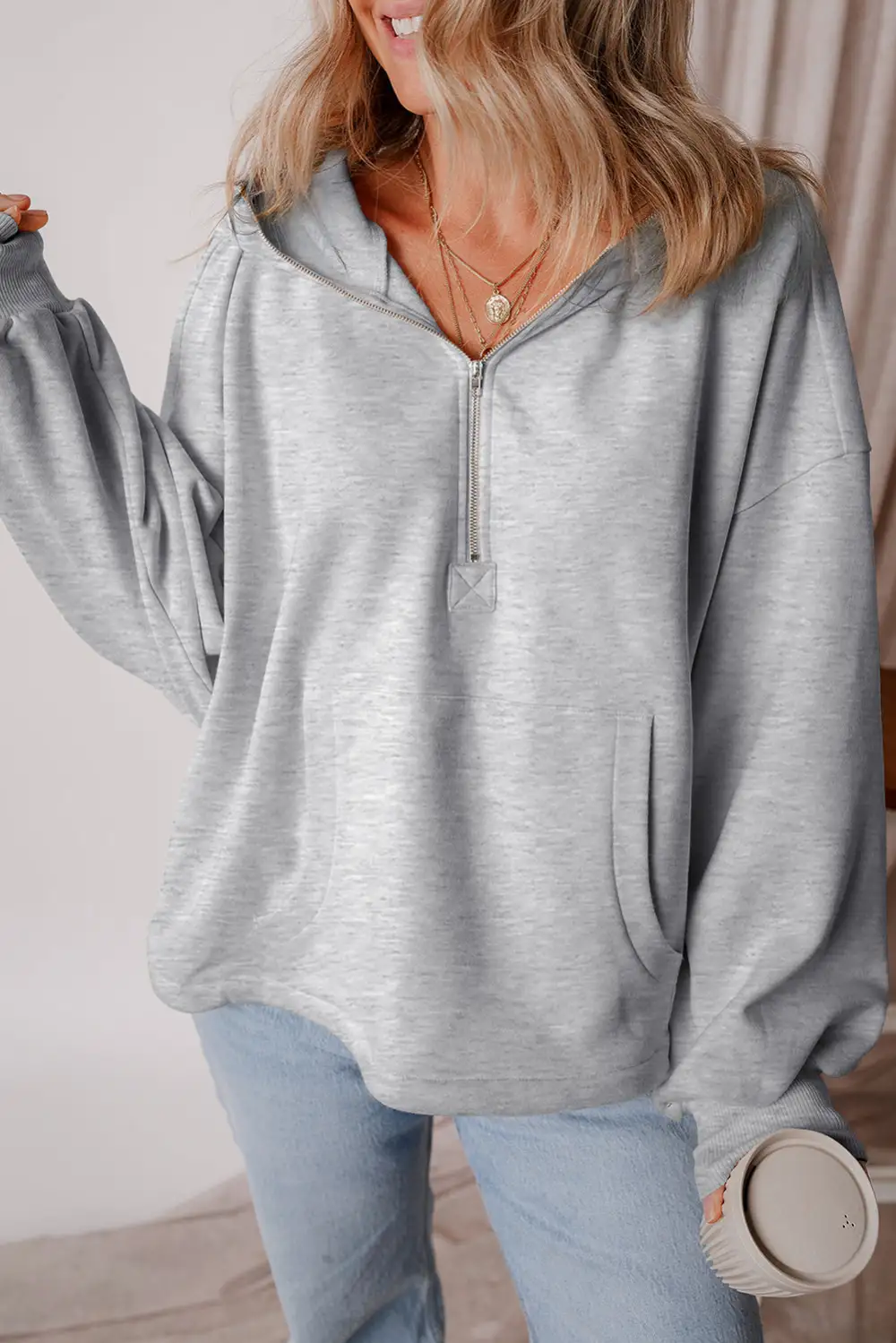 Modern Fleece Lined Half Zipper Kangaroo Pockets Loose Hoodie