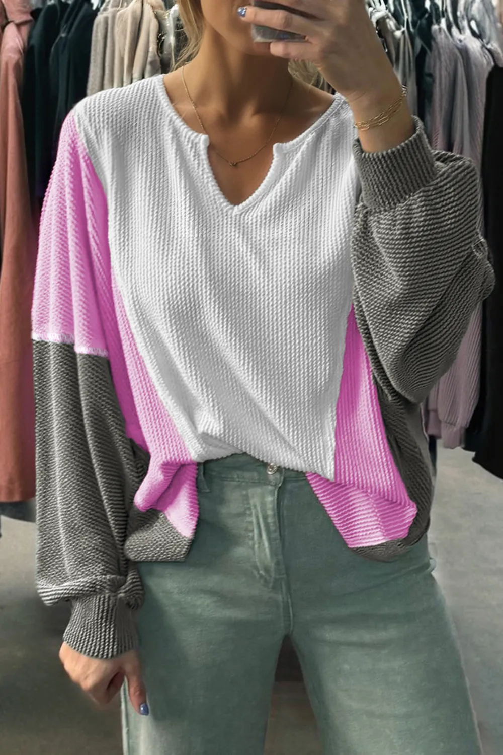 White Spiral Ribbed Raw Seam Top