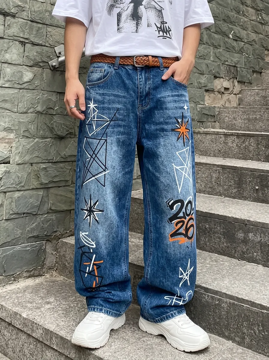 Unisex Modern Streetwear Graffiti Star Jeans