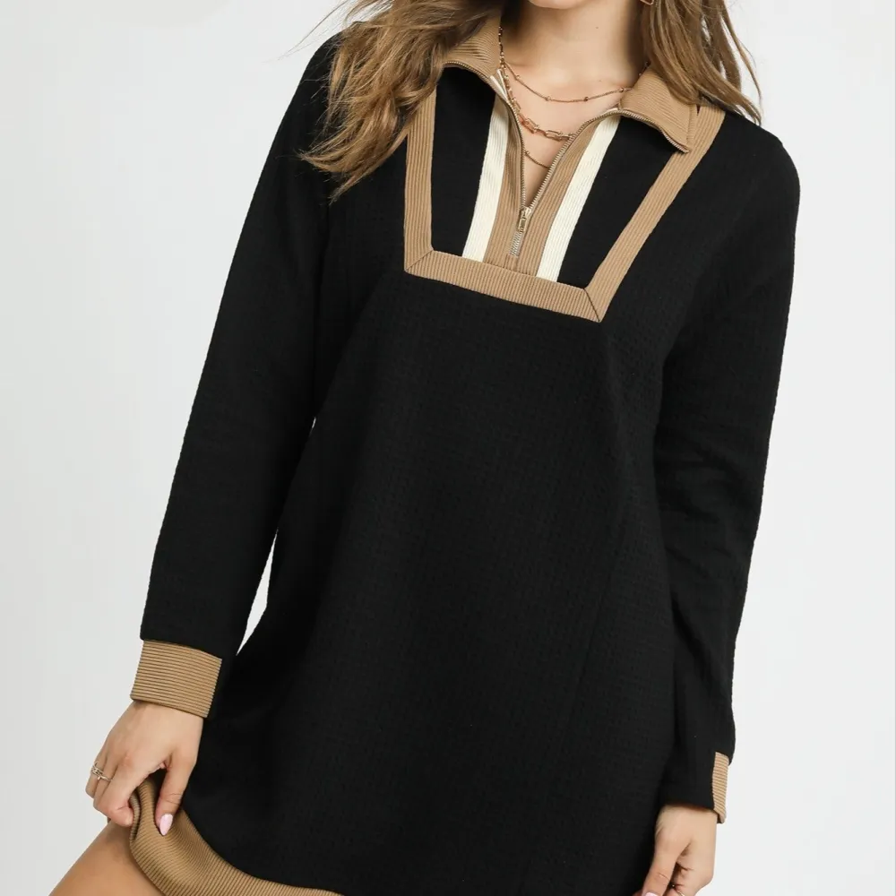 Striped Long Sleeve Half Zip Ribbed Dress