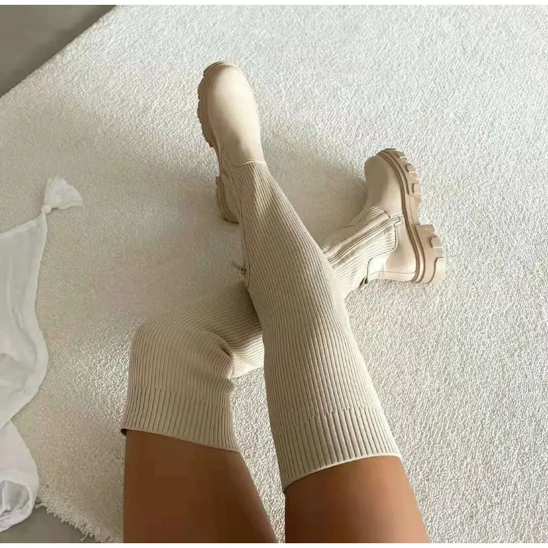 Mesh Round-Toe Square-Heel Knee-High Boots