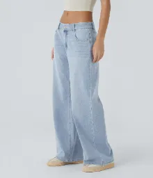 2026🔥  Low Rise Zipper Pockets Washed Baggy Wide Leg Casual Jeans