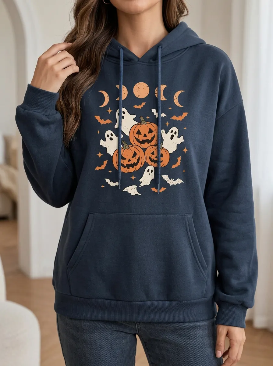 Women's Halloween Pumpkin Ghost Moon Printed Hoodie