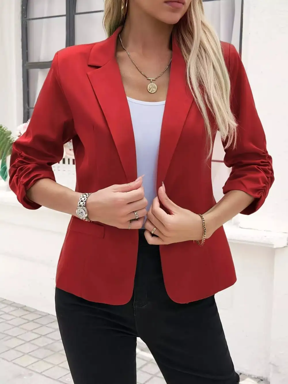 Single-Button Lapel-Collar Ruched Blazer