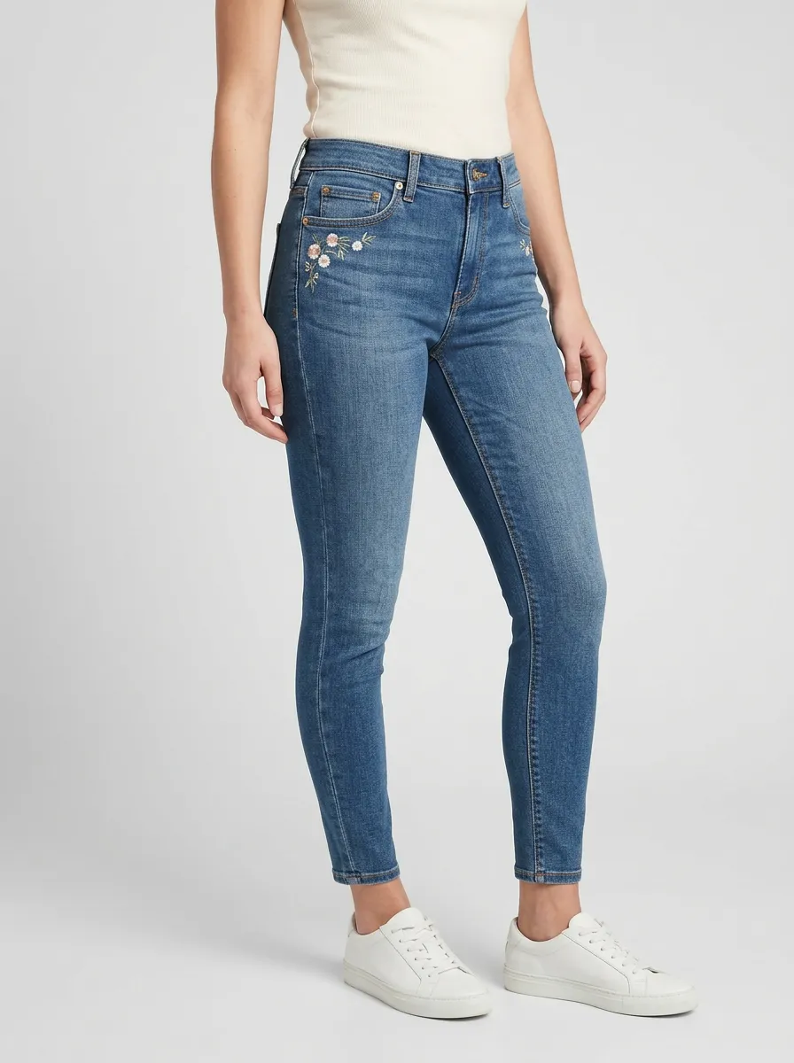 Women's Floral Small Flower Embroidered Printed Slim Jeans