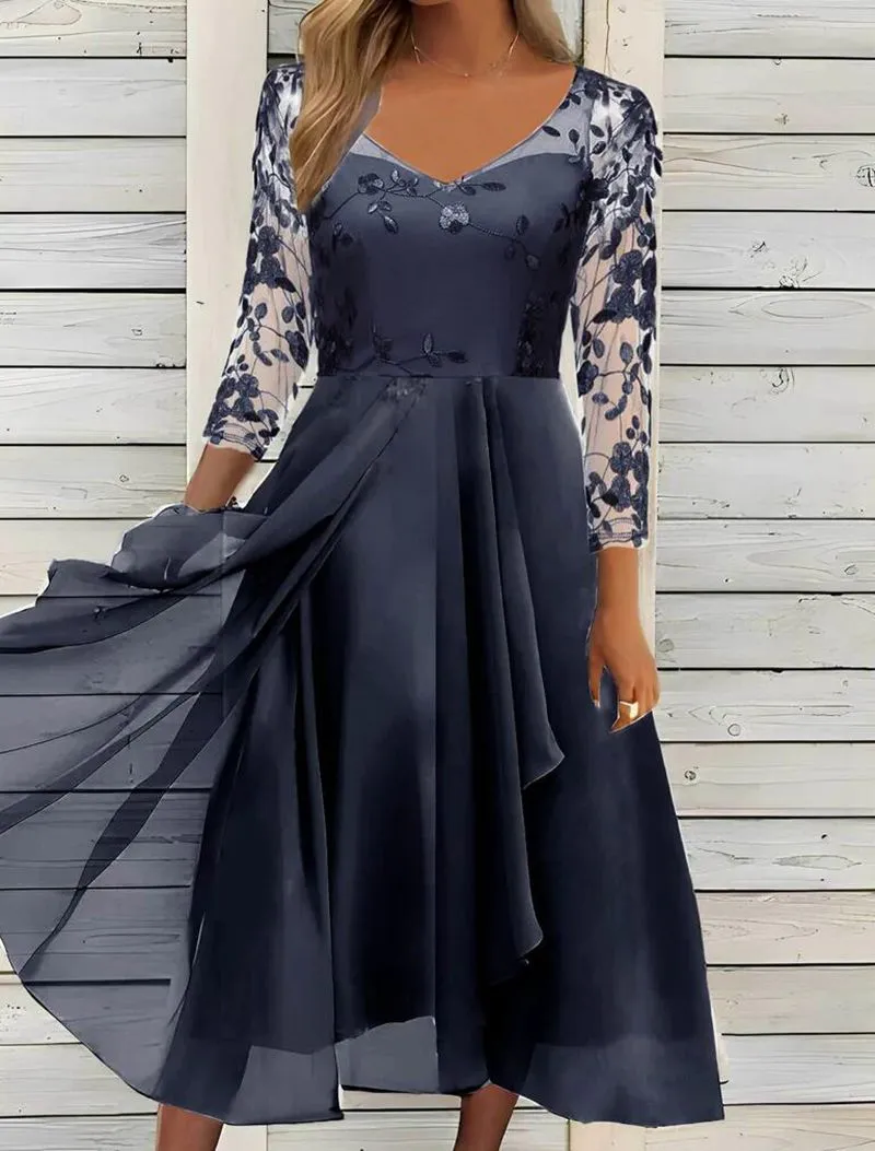 Women's Bodycon V-Neck Three-Quarter-Sleeve Chiffon Midi Dress