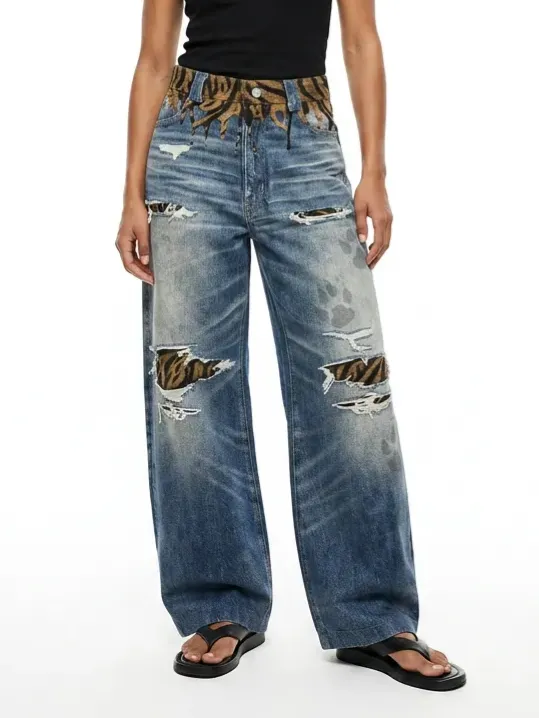 Barrel-Leg Curved-Cut Washed Pants