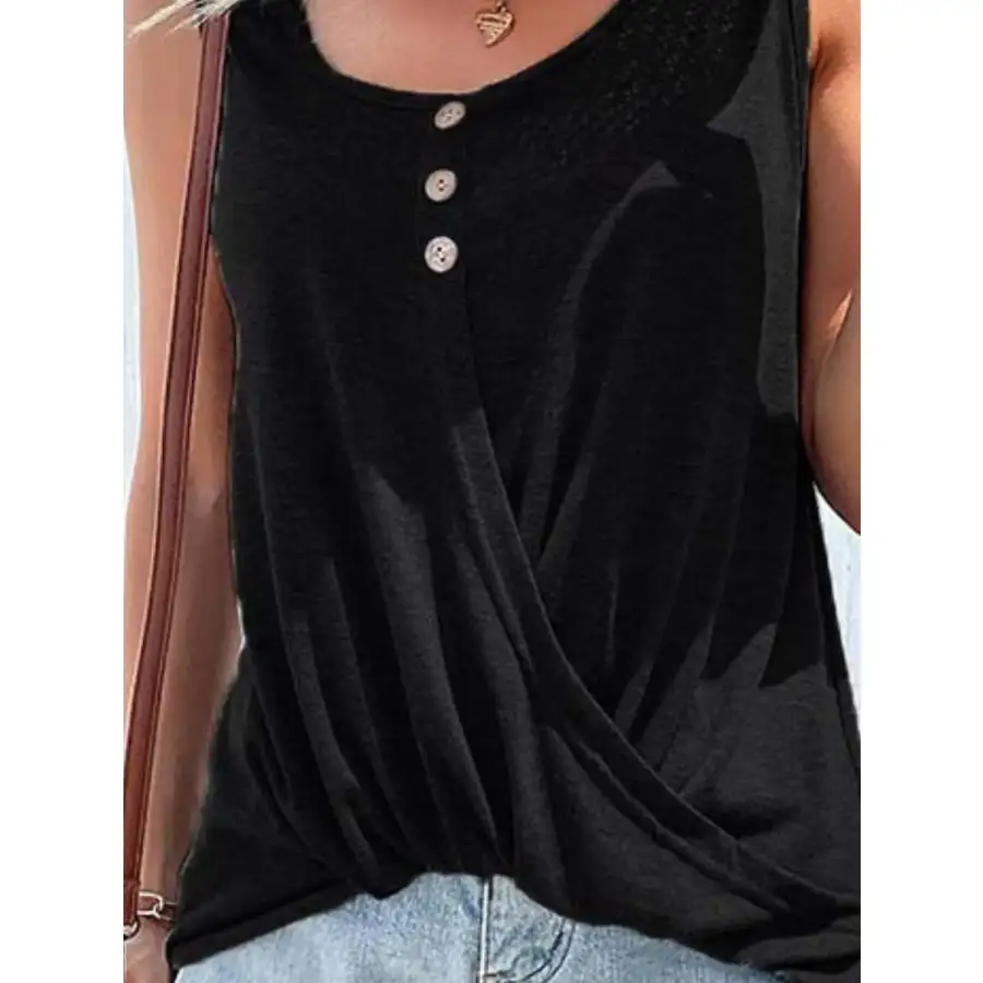 Full Size Decorative Button Round Neck Tank