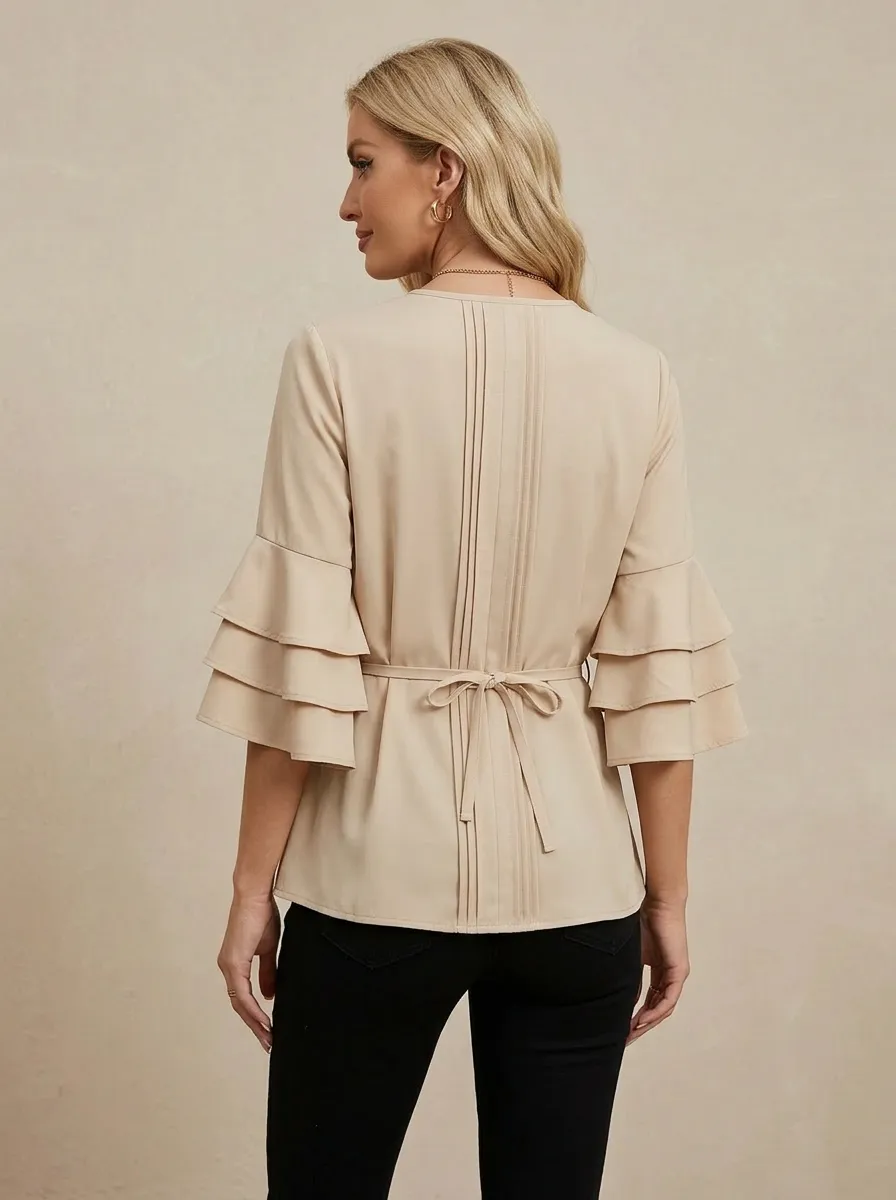 Pleated Ruffle Sleeve Blouse