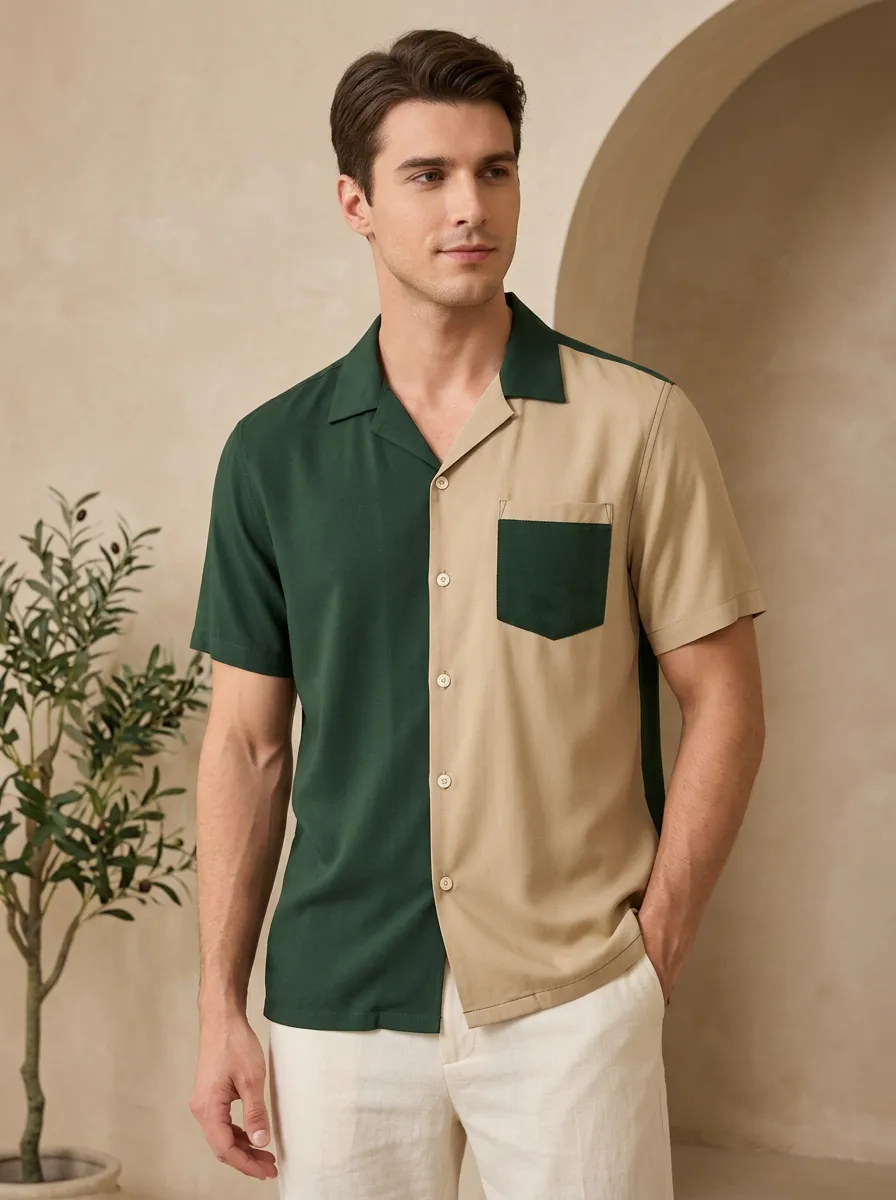 Men's Minimalist Two-Tone Colorblock Patch Pocket Shirt