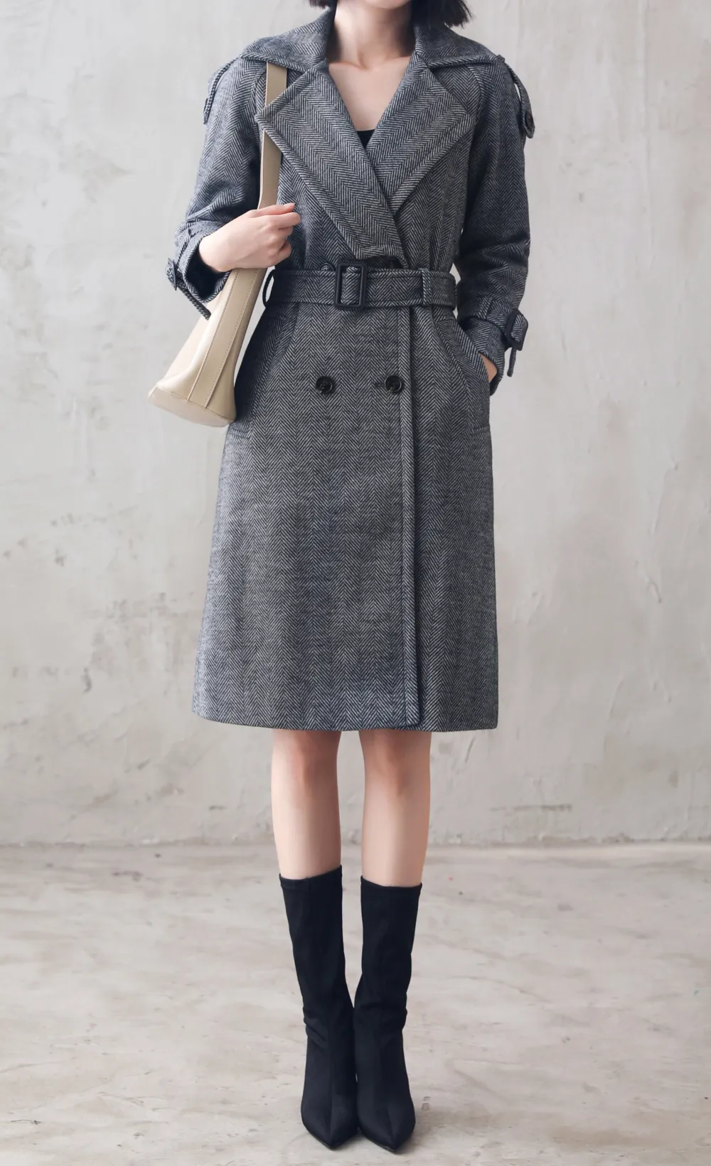 Wool Blend Tailored Double Breasted Belted Lapel Collar Midi Coat