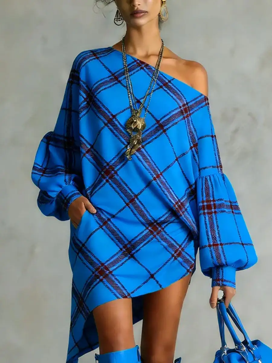 Long Sleeve Puff Sleeve Asymmetric Contrast Color Plaid Pleated One Shoulder