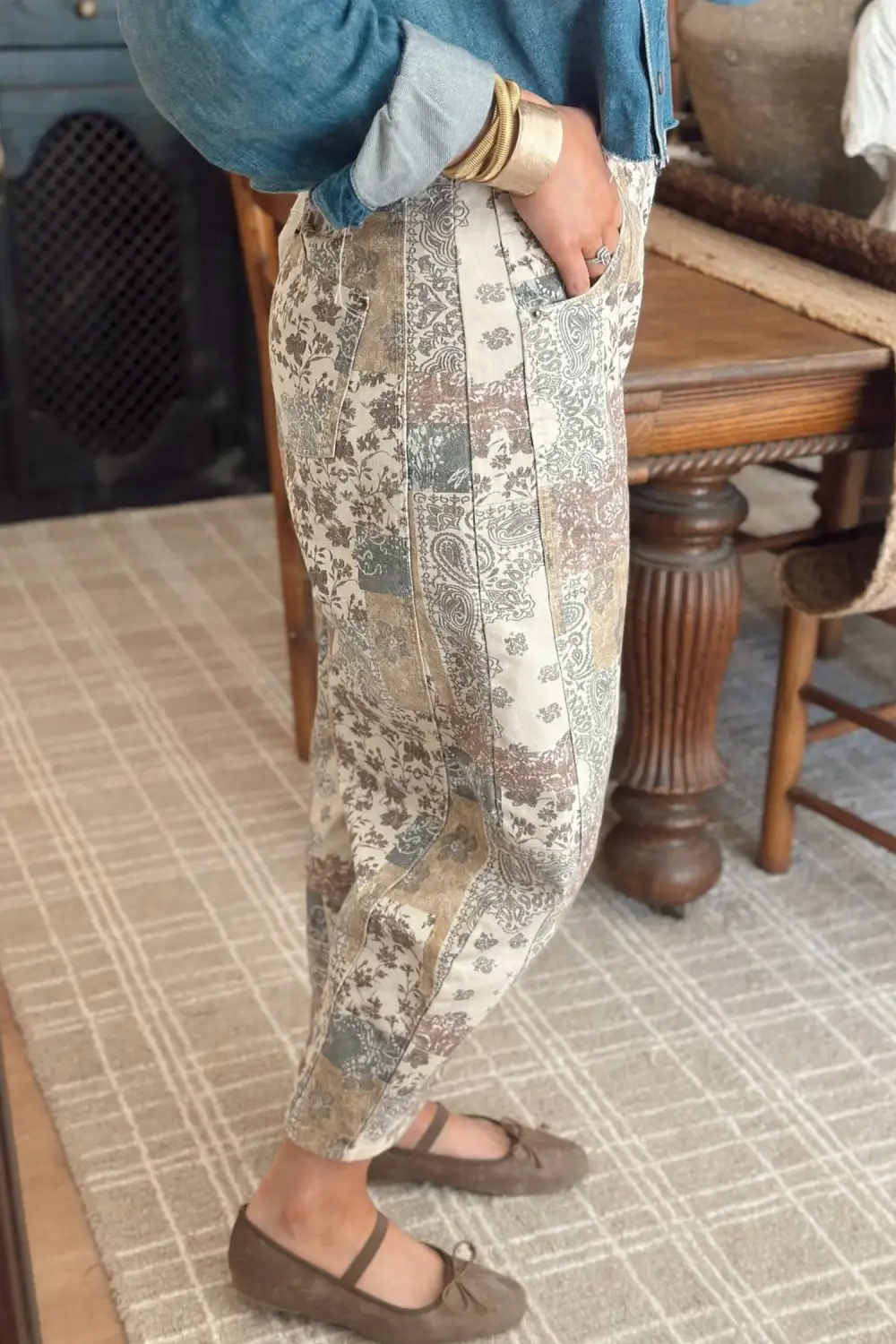 Women's Boho Floral Patchwork Western Print Straight Leg Ankle Length Jeans